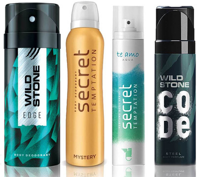 

Wild Stone Edge Deodorant (150 ml), Code Steel Body Perfume(120 ml) and ST Mystery Deodorant (150 ml), Te Amo Aqua Body Perfume (120 ml), Pack of 4 Perfume Body Spray - For Men & Women(540 ml, Pack of 4)