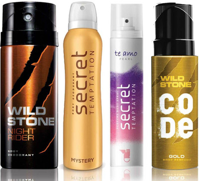 

Wild Stone Night Rider Deodorant (150 ml), Code Gold Body Perfume(120 ml) and ST Mystery Deodorant (150 ml), Te Amo Pearl Body Perfume (120 ml), Pack of 4 Perfume Body Spray - For Men & Women(540 ml, Pack of 4)