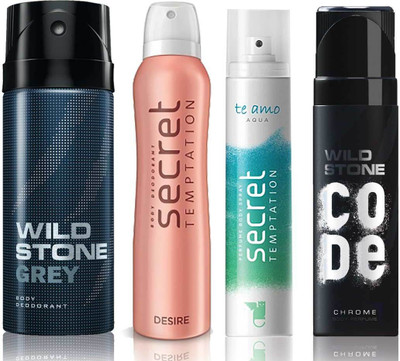 

Wild Stone Grey Deodorant (150 ml), Code Chrome Body Perfume(120 ml) and ST Desire Deodorant (150 ml), Te Amo Aqua Body Perfume (120 ml), Pack of 4 Perfume Body Spray - For Men & Women(540 ml, Pack of 4)