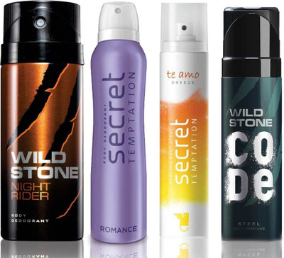 

Wild Stone Night Rider Deodorant (150 ml), Code Steel Body Perfume(120 ml) and ST Romance Deodorant (150 ml), Te Amo Breeze Body Perfume (120 ml), Pack of 4 Perfume Body Spray - For Men & Women(540 ml, Pack of 4)