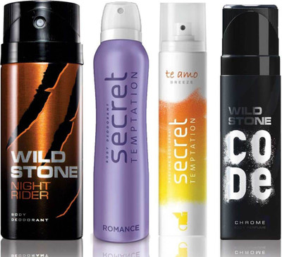 

Wild Stone Night Rider Deodorant (150 ml), Code Chrome Body Perfume(120 ml) and ST Romance Deodorant (150 ml), Te Amo Breeze Body Perfume (120 ml), Pack of 4 Perfume Body Spray - For Men & Women(540 ml, Pack of 4)