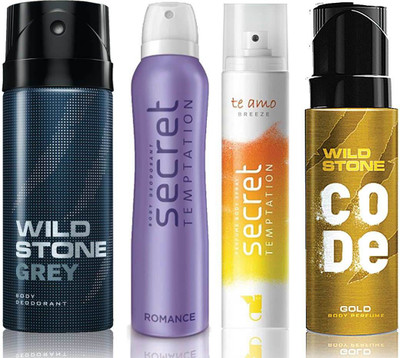 

Wild Stone Grey Deodorant (150 ml), Code Gold Body Perfume(120 ml) and ST Romance Deodorant (150 ml), Te Amo Breeze Body Perfume (120 ml), Pack of 4 Perfume Body Spray - For Men & Women(540 ml, Pack of 4)