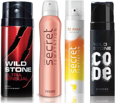 

Wild Stone Ultra Sensual Deodorant (150 ml), Code Chrome Body Perfume(120 ml) and ST Desire Deodorant (150 ml), Te Amo Breeze Body Perfume (120 ml), Pack of 4 Perfume Body Spray - For Men & Women(540 ml, Pack of 4)