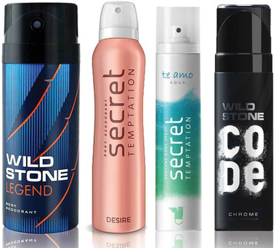 

Wild Stone Legend Deodorant (150 ml), Code Chrome Body Perfume(120 ml) and ST Desire Deodorant (150 ml), Te Amo Aqua Body Perfume (120 ml), Pack of 4 Perfume Body Spray - For Men & Women(540 ml, Pack of 4)