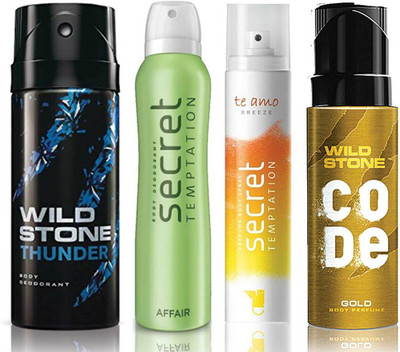 

Wild Stone Thunder Deodorant (150 ml), Code Gold Body Perfume(120 ml) and ST Affair Deodorant (150 ml), Te Amo Breeze Body Perfume (120 ml), Pack of 4 Perfume Body Spray - For Men & Women(540 ml, Pack of 4)