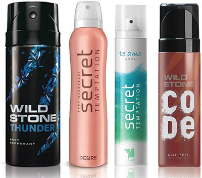 

Wild Stone Thunder Deodorant (150 ml), Code Copper Perfume(120 ml) and ST Desire Deodorant (150 ml), Te Amo Aqua Body Perfume (120 ml), Pack of 4 Perfume Body Spray - For Men & Women(540 ml, Pack of 4)