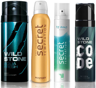 

Wild Stone Aqua Fresh Deodorant (150 ml), Code Steel Body Perfume(120 ml) and ST Mystery Deodorant (150 ml), Te Amo Aqua Body Perfume (120 ml), Pack of 4 Perfume Body Spray - For Men & Women(540 ml, Pack of 4)