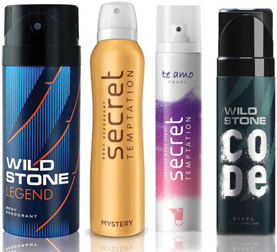 

Wild Stone Legend Deodorant (150 ml), Code Steel Body Perfume(120 ml) and ST Mystery Deodorant (150 ml), Te Amo Pearl Body Perfume (120 ml), Pack of 4 Perfume Body Spray - For Men & Women(540 ml, Pack of 4)