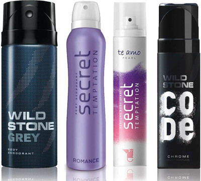 

Wild Stone Grey Deodorant (150 ml), Code Chrome Body Perfume(120 ml) and ST Romance Deodorant (150 ml), Te Amo Pearl Body Perfume (120 ml), Pack of 4 Perfume Body Spray - For Men & Women(540 ml, Pack of 4)