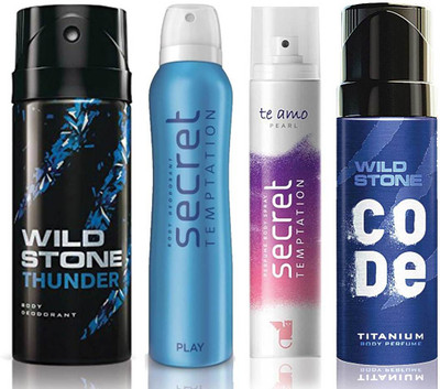 

Wild Stone Thunder Deodorant (150 ml), Code Titanium Body Perfume(120 ml) and ST Play Deodorant (150 ml), Te Amo Pearl Body Perfume (120 ml), Pack of 4 Perfume Body Spray - For Men & Women(540 ml, Pack of 4)