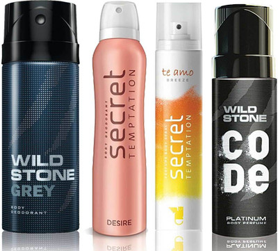 

Wild Stone Grey Deodorant (150 ml), Code Platinum Body Perfume(120 ml) and ST Desire Deodorant (150 ml), Te Amo Breeze Body Perfume (120 ml), Pack of 4 Perfume Body Spray - For Men & Women(540 ml, Pack of 4)