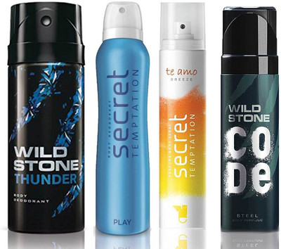 

Wild Stone Thunder Deodorant (150 ml), Code Steel Body Perfume(120 ml) and ST Play Deodorant (150 ml), Te Amo Breeze Body Perfume (120 ml), Pack of 4 Perfume Body Spray - For Men & Women(540 ml, Pack of 4)