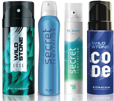 

Wild Stone Edge Deodorant (150 ml), Code Titanium Body Perfume(120 ml) and ST Play Deodorant (150 ml), Te Amo Aqua Body Perfume (120 ml), Pack of 4 Perfume Body Spray - For Men & Women(540 ml, Pack of 4)