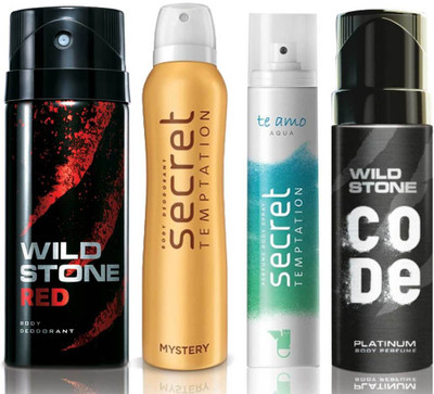 

Wild Stone Red Deodorant (150 ml), Code Platinum Body Perfume(120 ml) and ST Mystery Deodorant (150 ml), Te Amo Aqua Body Perfume (120 ml), Pack of 4 Perfume Body Spray - For Men & Women(540 ml, Pack of 4)