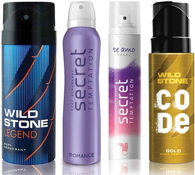 

Wild Stone Legend Deodorant (150 ml), Code Gold Body Perfume(120 ml) and ST Romance Deodorant (150 ml), Te Amo Pearl Body Perfume (120 ml), Pack of 4 Perfume Body Spray - For Men & Women(540 ml, Pack of 4)