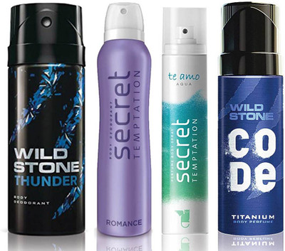 

Wild Stone Thunder Deodorant (150 ml), Code Titanium Body Perfume(120 ml) and ST Romance Deodorant (150 ml), Te Amo Aqua Body Perfume (120 ml), Pack of 4 Perfume Body Spray - For Men & Women(540 ml, Pack of 4)