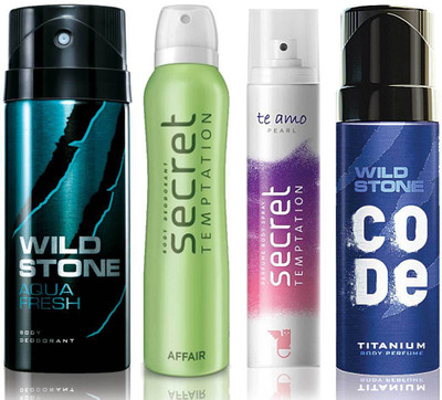 

Wild Stone Aqua Fresh Deodorant (150 ml), Code Titanium Body Perfume(120 ml) and ST Affair Deodorant (150 ml), Te Amo Pearl Body Perfume (120 ml), Pack of 4 Perfume Body Spray - For Men & Women(540 ml, Pack of 4)