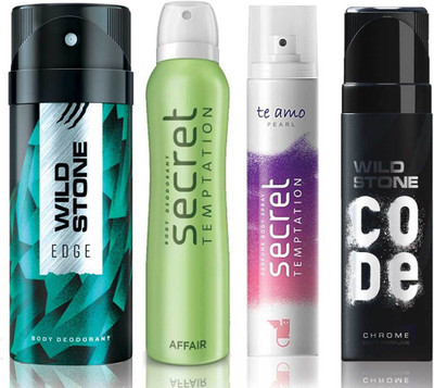 

Wild Stone Edge Deodorant (150 ml), Code Chrome Body Perfume(120 ml) and ST Affair Deodorant (150 ml), Te Amo Pearl Body Perfume (120 ml), Pack of 4 Perfume Body Spray - For Men & Women(540 ml, Pack of 4)