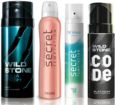 

Wild Stone Aqua Fresh Deodorant (150 ml), Code Platinum Body Perfume(120 ml) and ST Desire Deodorant (150 ml), Te Amo Aqua Body Perfume (120 ml), Pack of 4 Perfume Body Spray - For Men & Women(540 ml, Pack of 4)