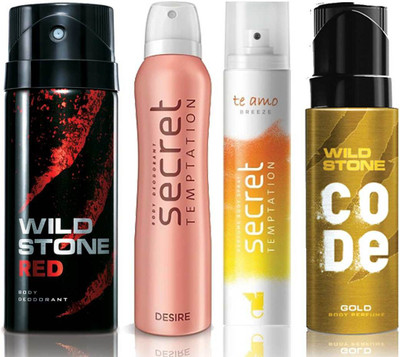 

Wild Stone Red Deodorant (150 ml), Code Gold Body Perfume(120 ml) and ST Desire Deodorant (150 ml), Te Amo Breeze Body Perfume (120 ml), Pack of 4 Perfume Body Spray - For Men & Women(540 ml, Pack of 4)