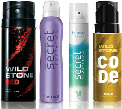 

Wild Stone Red Deodorant (150 ml), Code Gold Body Perfume(120 ml) and ST Romance Deodorant (150 ml), Te Amo Aqua Body Perfume (120 ml), Pack of 4 Perfume Body Spray - For Men & Women(540 ml, Pack of 4)