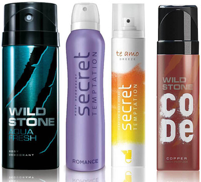 

Wild Stone Aqua Fresh Deodorant (150 ml), Code Copper Perfume(120 ml) and ST Romance Deodorant (150 ml), Te Amo Breeze Body Perfume (120 ml), Pack of 4 Perfume Body Spray - For Men & Women(540 ml, Pack of 4)