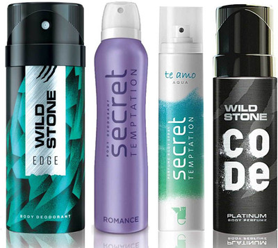 

Wild Stone Edge Deodorant (150 ml), Code Platinum Body Perfume(120 ml) and ST Romance Deodorant (150 ml), Te Amo Aqua Body Perfume (120 ml), Pack of 4 Perfume Body Spray - For Men & Women(540 ml, Pack of 4)