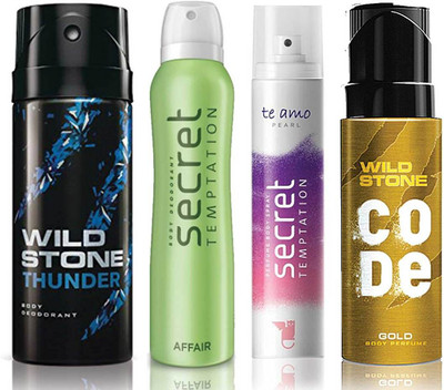 

Wild Stone Thunder Deodorant (150 ml), Code Gold Body Perfume(120 ml) and ST Affair Deodorant (150 ml), Te Amo Pearl Body Perfume (120 ml), Pack of 4 Perfume Body Spray - For Men & Women(540 ml, Pack of 4)