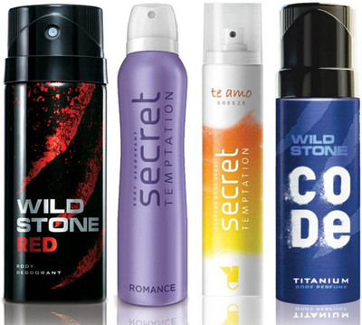 

Wild Stone Red Deodorant (150 ml), Code Titanium Body Perfume(120 ml) and ST Romance Deodorant (150 ml), Te Amo Breeze Body Perfume (120 ml), Pack of 4 Perfume Body Spray - For Men & Women(540 ml, Pack of 4)