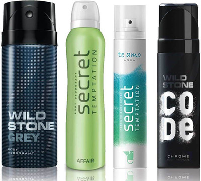 

Wild Stone Grey Deodorant (150 ml), Code Chrome Body Perfume(120 ml) and ST Affair Deodorant (150 ml), Te Amo Aqua Body Perfume (120 ml), Pack of 4 Perfume Body Spray - For Men & Women(540 ml, Pack of 4)