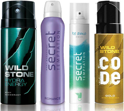 

Wild Stone Hydra Energy Deodorant (150 ml), Code Gold Body Perfume(120 ml) and ST Romance Deodorant (150 ml), Te Amo Aqua Body Perfume (120 ml), Pack of 4 Perfume Body Spray - For Men & Women(540 ml, Pack of 4)