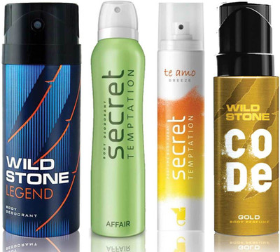 

Wild Stone Legend Deodorant (150 ml), Code Gold Body Perfume(120 ml) and ST Affair Deodorant (150 ml), Te Amo Breeze Body Perfume (120 ml), Pack of 4 Perfume Body Spray - For Men & Women(540 ml, Pack of 4)