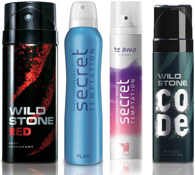 

Wild Stone Red Deodorant (150 ml), Code Steel Body Perfume(120 ml) and ST Play Deodorant (150 ml), Te Amo Pearl Body Perfume (120 ml), Pack of 4 Perfume Body Spray - For Men & Women(540 ml, Pack of 4)