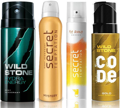 

Wild Stone Hydra Energy Deodorant (150 ml), Code Gold Body Perfume(120 ml) and ST Mystery Deodorant (150 ml), Te Amo Breeze Body Perfume (120 ml), Pack of 4 Perfume Body Spray - For Men & Women(540 ml, Pack of 4)