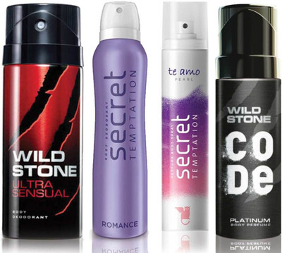 

Wild Stone Ultra Sensual Deodorant (150 ml), Code Platinum Body Perfume(120 ml) and ST Romance Deodorant (150 ml), Te Amo Pearl Body Perfume (120 ml), Pack of 4 Perfume Body Spray - For Men & Women(540 ml, Pack of 4)