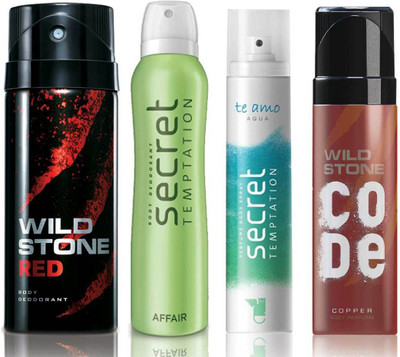 

Wild Stone Red Deodorant (150 ml), Code Copper Perfume(120 ml) and ST Affair Deodorant (150 ml), Te Amo Aqua Body Perfume (120 ml), Pack of 4 Perfume Body Spray - For Men & Women(540 ml, Pack of 4)