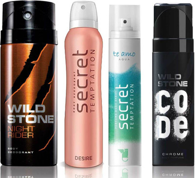 

Wild Stone Night Rider Deodorant (150 ml), Code Chrome Body Perfume(120 ml) and ST Desire Deodorant (150 ml), Te Amo Aqua Body Perfume (120 ml), Pack of 4 Perfume Body Spray - For Men & Women(540 ml, Pack of 4)