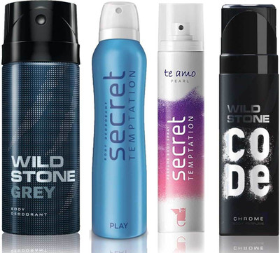 

Wild Stone Grey Deodorant (150 ml), Code Chrome Body Perfume(120 ml) and ST Play Deodorant (150 ml), Te Amo Pearl Body Perfume (120 ml), Pack of 4 Perfume Body Spray - For Men & Women(540 ml, Pack of 4)