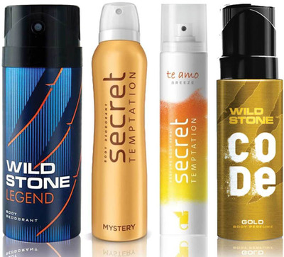 

Wild Stone Legend Deodorant (150 ml), Code Gold Body Perfume(120 ml) and ST Mystery Deodorant (150 ml), Te Amo Breeze Body Perfume (120 ml), Pack of 4 Perfume Body Spray - For Men & Women(540 ml, Pack of 4)