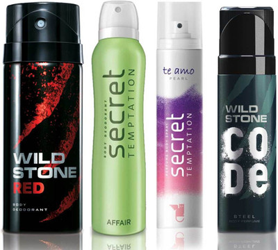 

Wild Stone Red Deodorant (150 ml), Code Steel Body Perfume(120 ml) and ST Affair Deodorant (150 ml), Te Amo Pearl Body Perfume (120 ml), Pack of 4 Perfume Body Spray - For Men & Women(540 ml, Pack of 4)