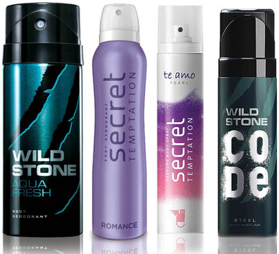 

Wild Stone Aqua Fresh Deodorant (150 ml), Code Steel Body Perfume(120 ml) and ST Romance Deodorant (150 ml), Te Amo Pearl Body Perfume (120 ml), Pack of 4 Perfume Body Spray - For Men & Women(540 ml, Pack of 4)