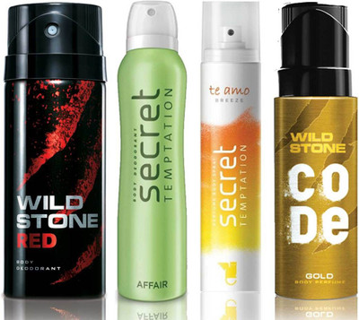 

Wild Stone Red Deodorant (150 ml), Code Gold Body Perfume(120 ml) and ST Affair Deodorant (150 ml), Te Amo Breeze Body Perfume (120 ml), Pack of 4 Perfume Body Spray - For Men & Women(540 ml, Pack of 4)