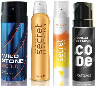 

Wild Stone Legend Deodorant (150 ml), Code Platinum Body Perfume(120 ml) and ST Mystery Deodorant (150 ml), Te Amo Breeze Body Perfume (120 ml), Pack of 4 Perfume Body Spray - For Men & Women(540 ml, Pack of 4)