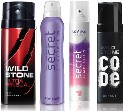 

Wild Stone Ultra Sensual Deodorant (150 ml), Code Chrome Body Perfume(120 ml) and ST Romance Deodorant (150 ml), Te Amo Pearl Body Perfume (120 ml), Pack of 4 Perfume Body Spray - For Men & Women(540 ml, Pack of 4)
