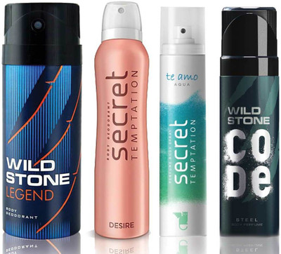

Wild Stone Legend Deodorant (150 ml), Code Steel Body Perfume(120 ml) and ST Desire Deodorant (150 ml), Te Amo Aqua Body Perfume (120 ml), Pack of 4 Perfume Body Spray - For Men & Women(540 ml, Pack of 4)