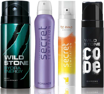 

Wild Stone Hydra Energy Deodorant (150 ml), Code Chrome Body Perfume(120 ml) and ST Romance Deodorant (150 ml), Te Amo Breeze Body Perfume (120 ml), Pack of 4 Perfume Body Spray - For Men & Women(540 ml, Pack of 4)