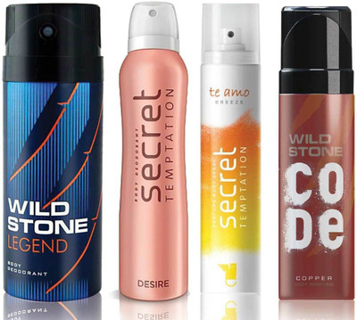 

Wild Stone Legend Deodorant (150 ml), Code Copper Perfume(120 ml) and ST Desire Deodorant (150 ml), Te Amo Breeze Body Perfume (120 ml), Pack of 4 Perfume Body Spray - For Men & Women(540 ml, Pack of 4)