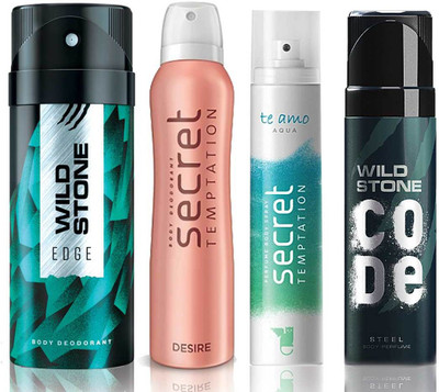 

Wild Stone Edge Deodorant (150 ml), Code Steel Body Perfume(120 ml) and ST Desire Deodorant (150 ml), Te Amo Aqua Body Perfume (120 ml), Pack of 4 Perfume Body Spray - For Men & Women(540 ml, Pack of 4)