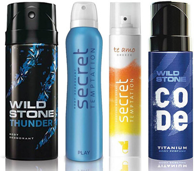 

Wild Stone Thunder Deodorant (150 ml), Code Titanium Body Perfume(120 ml) and ST Play Deodorant (150 ml), Te Amo Breeze Body Perfume (120 ml), Pack of 4 Perfume Body Spray - For Men & Women(540 ml, Pack of 4)