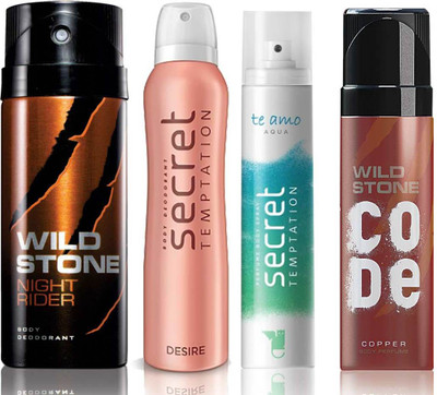 

Wild Stone Night Rider Deodorant (150 ml), Code Copper Perfume(120 ml) and ST Desire Deodorant (150 ml), Te Amo Aqua Body Perfume (120 ml), Pack of 4 Perfume Body Spray - For Men & Women(540 ml, Pack of 4)